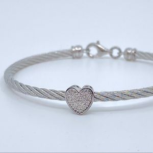 Real Diamond Sterling Silver & Stainless Steel Heart Cuff Bracelet Bangle Lovely